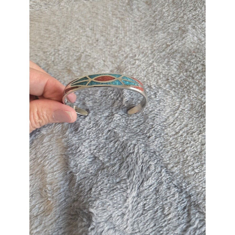 Vintage Native American Navajo Crushed Turquoise And Coral Silver Cuff Bracelet